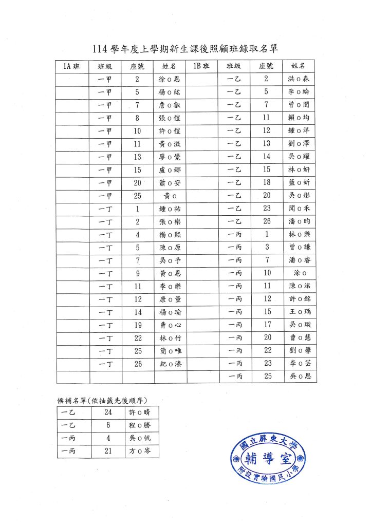 114學年度上學期新生課後照顧班錄取名單