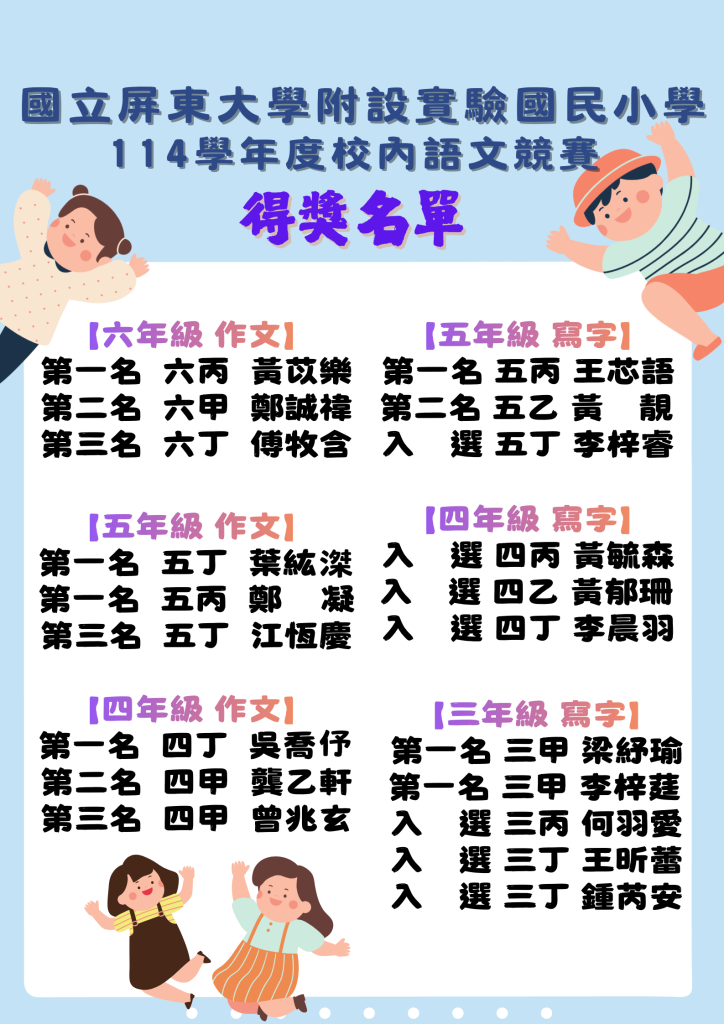114校內語文競賽得獎名單