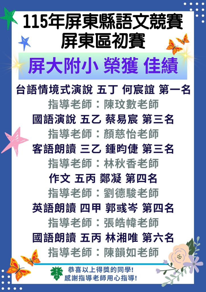 115屏東區語文競賽獲獎名單